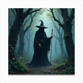 Black Magic Caster In A Dark, Watercolor Forest 1 Canvas Print