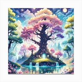 A Fantasy Forest With Twinkling Stars In Pastel Tone Square Composition 1 Canvas Print