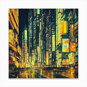 City Night Reflections Urban Highrise Cityscape Travel Vacation Neon Lights Metropolis Road Rainy Rain Buildings Architecture Apartments Downtown Abstract Modern Contemporary Geometric Futuristic Vibrant Canvas Print