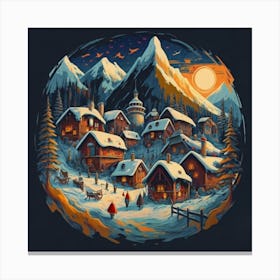 Abstract painting of a mountain village with snow falling 32 Canvas Print