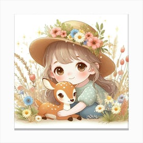 Cute Little Girl With A Deer 2 Canvas Print