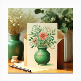 Green Vase With Flowers Canvas Print