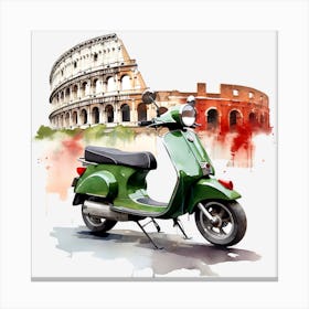 Green Vespa In Front Of The Coliseum Canvas Print