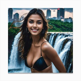 Beautiful Woman In Bikini In Front Of Waterfall yhh Canvas Print