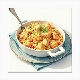 Watercolor Painting Of A Classic And Flavorful Chicken And Rice Casserole On A Stylish Table Canvas Print