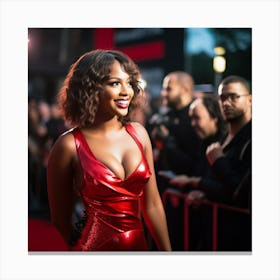A Black Woman Voluptuous Sexy Wearing Red Latex Dress Long Looking Over Shoulder on the Red Carpet - Created by Midjourney 1 Canvas Print