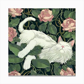 White Cat With Pink Roses Canvas Print