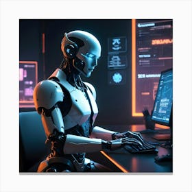 A White Robot With Blue Lights Sits At A Desk In An Office Environment, Typing On A Keyboard Canvas Print