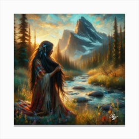 Oil Texture Native American Woman By Stream 6 Canvas Print