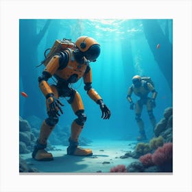 Deep Sea Exploration Robots, Watercolor Depths Of Ocean Blues Canvas Print