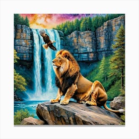 Lion And Waterfall Canvas Print