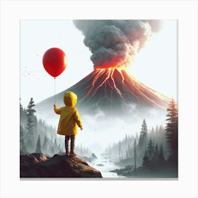 It'S A Beautiful Day a boy wearing a yellow rain coat holding a red ballon, standing in front of a smokey volcano, digital art Canvas Print