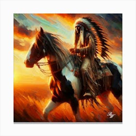 Oil Texture Native American Indian Riding On Prarie 4 Canvas Print