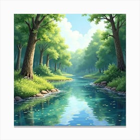 Watercolor Forest Clearing With Sparkling River 1 Canvas Print