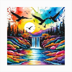 Waterfall With Birds Canvas Print