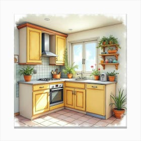 Beautifully Designed Kitchen In Watercolor, Cheerful Tones 1 Canvas Print