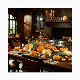 A Beautifully Prepared Thanksgiving Banquet Seated Under The Warm Glow Of Recessed Lighting In A Rus (1) Canvas Print