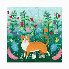 Whisker Wonderland: Print Art - Illustrate a whimsical scene where cats play in a magical garden filled with oversized catnip plants, rainbow yarn, and floating feathers. Canvas Print