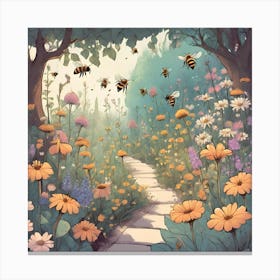 Magical Garden With Bees And Flowers, Pastel Canvas Print