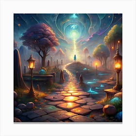 Woman Walking On A Path Leading To A Bright Light In A Mystical Forest Canvas Print