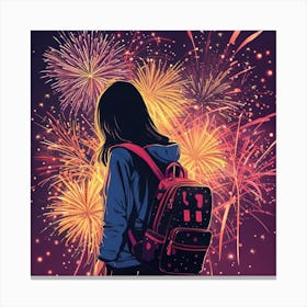 Girl With Backpack In Front Of Fireworks Canvas Print