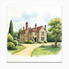 Watercolor Of The Tissington Hall In Derbyshire, Capturing Its Historic Charm And Picturesque Setting Canvas Print