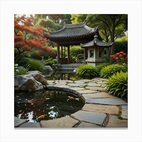 A Tranquil Garden With A Koi Pond, Blooming Flowers, And A Stone Lantern 2 Canvas Print