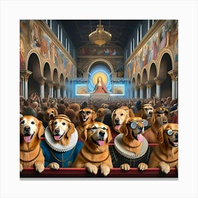 An Unusual Scene Featuring A Bunch Of Golden Retriever Dogs Attending A Rave That Is Themed After The Renaissance Era 5 Canvas Print