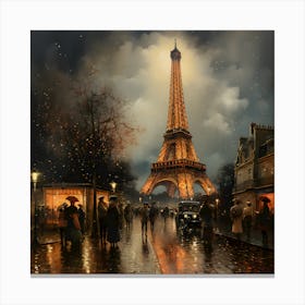 Parisian Night Glow: Eiffel Tower at Dusk - Vintage Rainy Street Scene Art Print Canvas Print