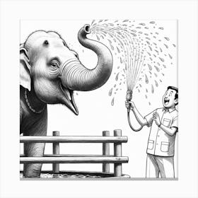 Man Watering An Elephant Canvas Print