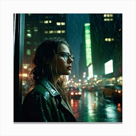 A Woman In The Heart Of New Yorks Night Raindrops Molding The Atmospheric Scene That Surrounds Her Canvas Print