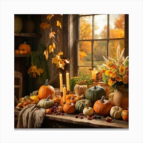 Autumn Harvest Celebration Captured In A Rustic Farmhouse Setting Pumpkins And Various Gourds Offer 2 1 Canvas Print