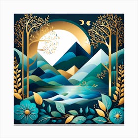 Landscape With Mountains And Flowers, vector art Canvas Print