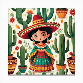 Mexican Girl With Cactus Canvas Print