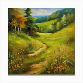Path In The Countryside.Canada's forests. Dirt path. Spring flowers. Forest trees. Artwork. Oil on canvas. Canvas Print