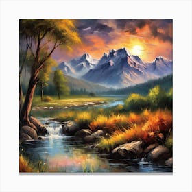 Mountain Stream At Sunset Canvas Print