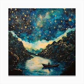 Starlit Serenity – Cosmic Night River Scene With Boat And Glowing Sky Wall Art Canvas Print