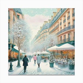 Paris cafes, winter season, Christmas, pale colors, pedestrians in the street, winter clothes, falling snow.7 2 Canvas Print