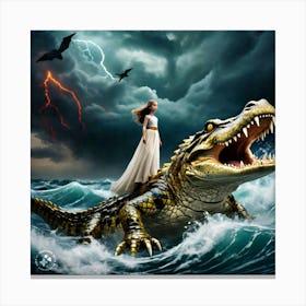 Girl Riding An Alligator Canvas Print