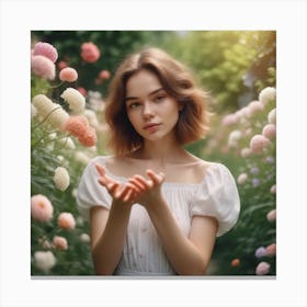 Photo Medium Shot Woman Posing In Romantic Garden Beautiful Summer Flowers In Girl Hands 2 Canvas Print