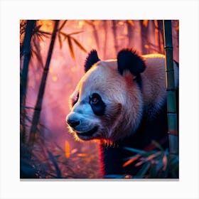 Closeup Of A Pandas Face Emerging From A Twilight Bamboo Forest Glowing Purple And Peach Hues Crea Canvas Print