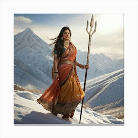 Indian Woman Clad In Traditional Attire Carrying A Trident Strides With Elegance Towards A Backdr Canvas Print