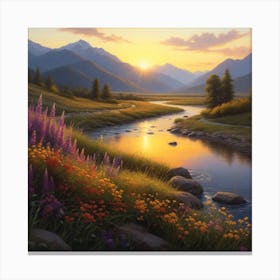 "Luminous Valley: River, Mountains, and Wildflowers" Canvas Print