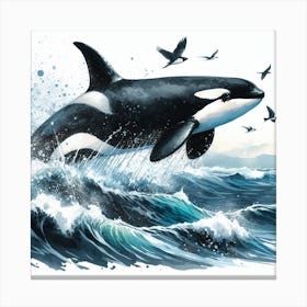 Sea Whale Orca In Motion, Sea Orca Watercolour Art Print 2 Canvas Print