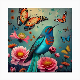Blue Bird With Butterflies Canvas Print