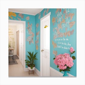 Blue Hallway With Flowers Canvas Print