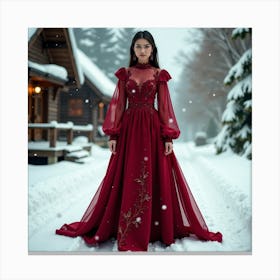 Woman In A Red Dress In The Snow Canvas Print