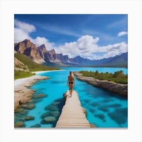 Woman Walks Across A Wooden Bridge Canvas Print