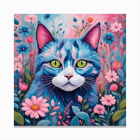 Blue Cat In Flowers Canvas Print