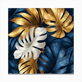 Gold And Blue Tropical Leaves Canvas Print